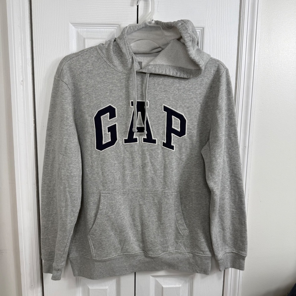 GAP Arch Logo Hoodie Size M Grey Navy Spellout Pullover Minimalist Athleisure